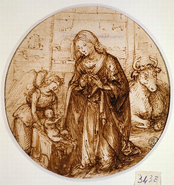 Adoracja Dzieciątka (pióro i atrament na papierze) autorstwa Piero di Cosimo