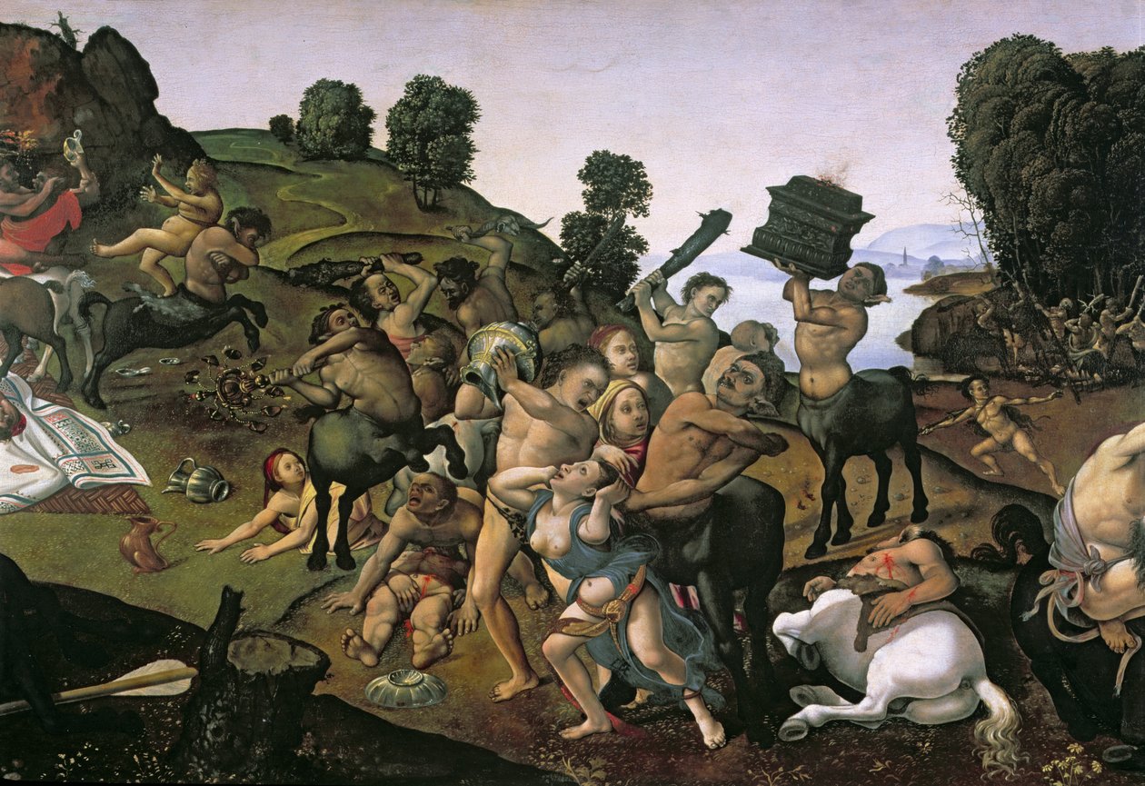 Walka między Lapithami a centaurami (szczegóły centaurów atakujących Lapiths) c.1490 (olej na drewnie) autorstwa Piero di Cosimo