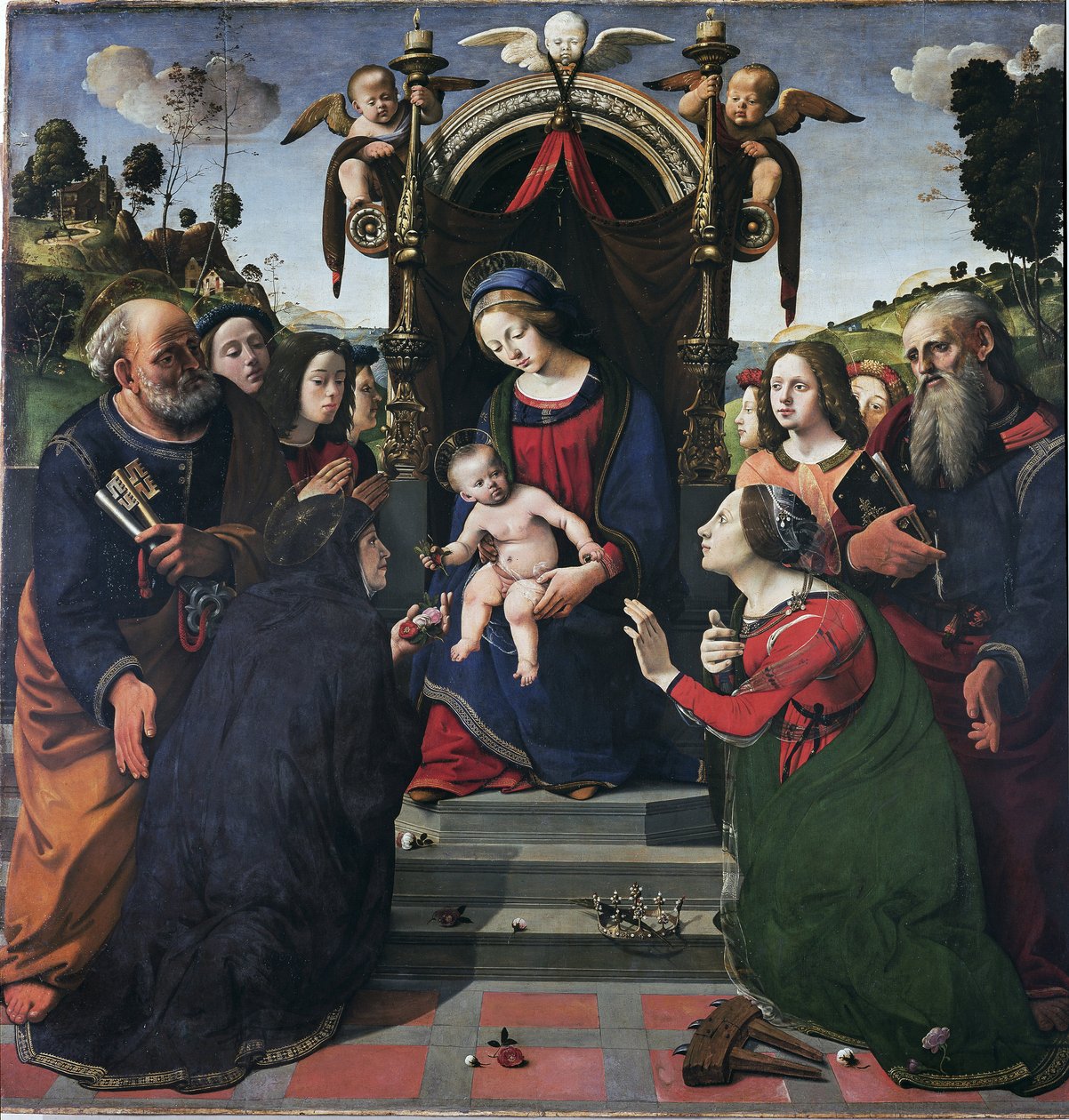Dziewica z Dzieciątkiem na tronie w otoczeniu świętych (olej i tempera na desce, ok. 1493) autorstwa Piero di Cosimo