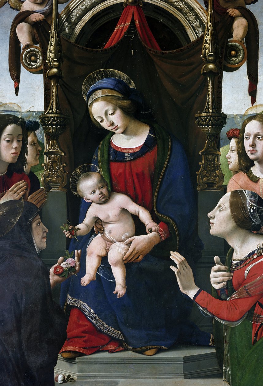 Dziewica z Dzieciątkiem na tronie w otoczeniu świętych, detal (olej i tempera na desce, ok. 1493) autorstwa Piero di Cosimo