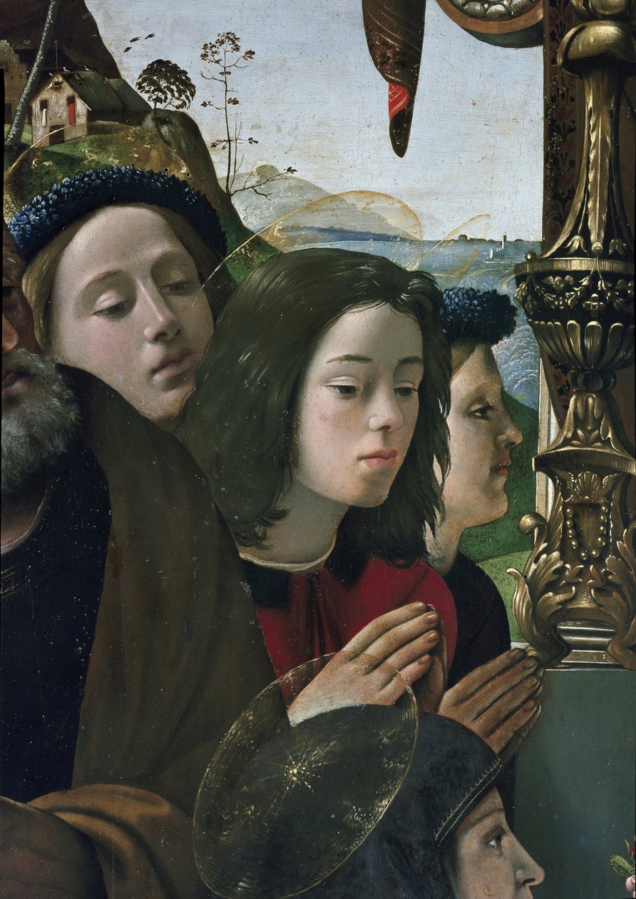 Dziewica z Dzieciątkiem na tronie w otoczeniu świętych, detal (olej i tempera na desce, ok. 1493) autorstwa Piero di Cosimo