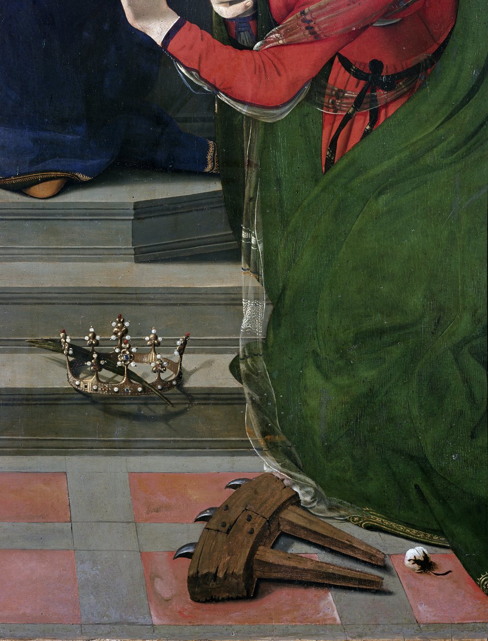 Dziewica z Dzieciątkiem na tronie w otoczeniu świętych, detal (olej i tempera na desce, ok. 1493) autorstwa Piero di Cosimo