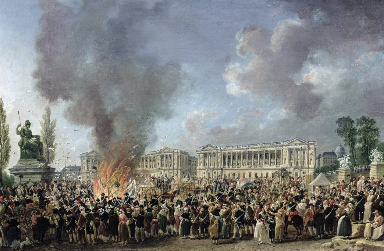 Obchody jedności, niszczenie emblematów monarchii, Place de la Concorde, 10 sierpnia 1793 r. autorstwa Pierre Antoine Demachy