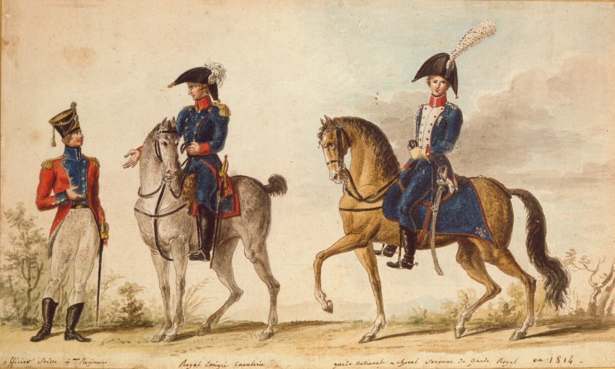 Szwajcarski oficer 4 pułku, jeździec Królewskiej Kawalerii Emigracyjnej i konnej Gwardii Narodowej, 1814 (gwasz) autorstwa Pierre Antoine Lesueur
