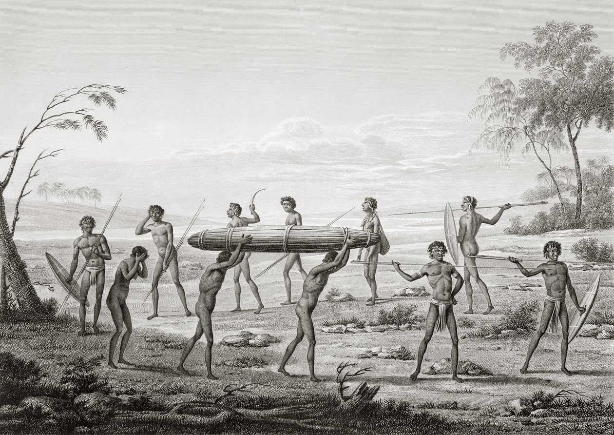 Port Jackson, New Holland: Ceremonia pogrzebowa Aborygenów, z „Voyage Autour du Monde (1817-20)”, Louis Claude Desaulses de Freycinet (1779-1842), ryty przez Lerouge i Villerey, opublikowana w latach 1822-24 ( autorstwa Pierre Antoine Marchais