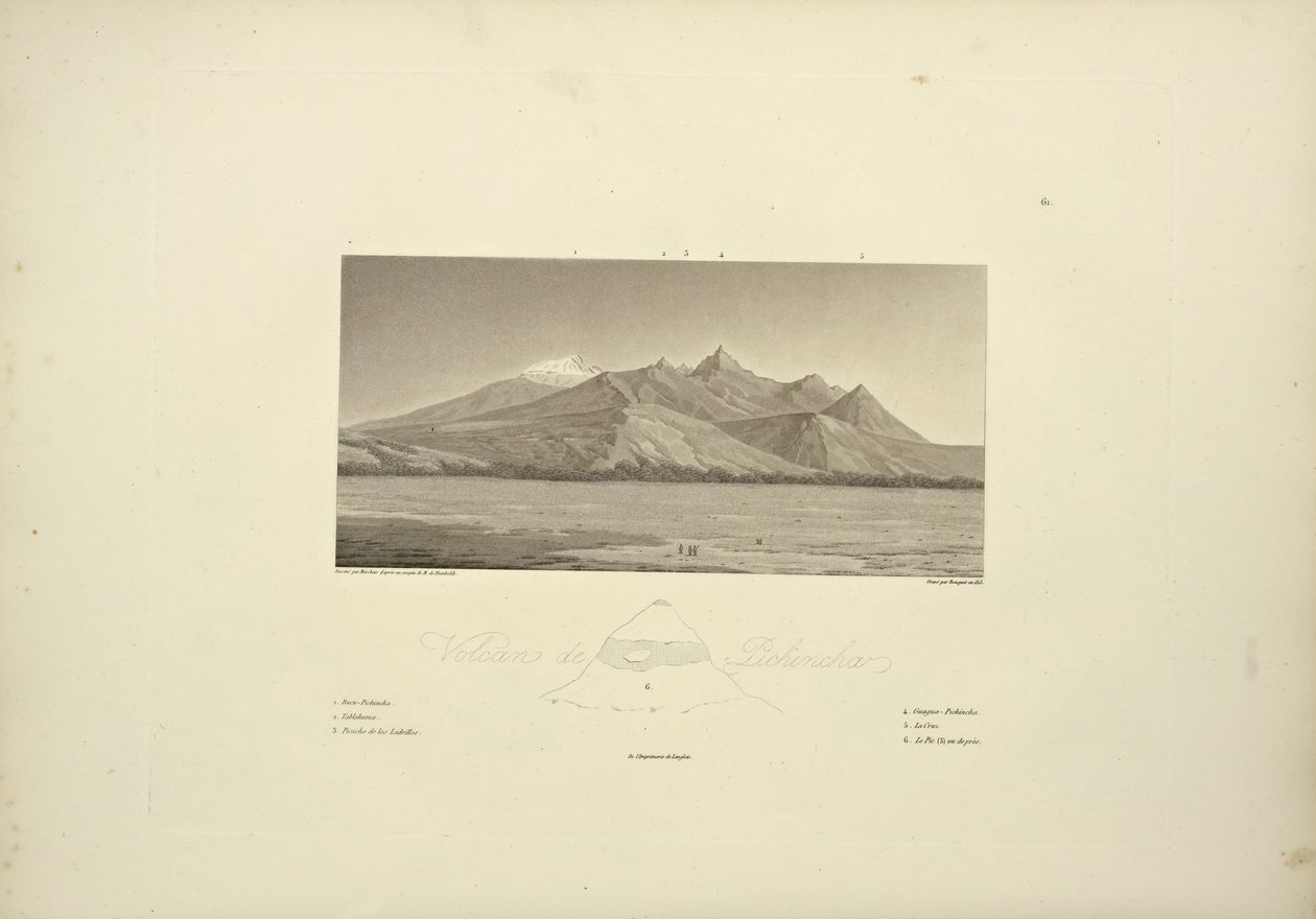 Wulkany Pichincha, grawerowane przez Bouquet, ilustracja z „Widoki Kordylierów i pomników rdzennych ludów Ameryki” autorstwa Aleksandra von Humboldta i Aime Bonpland, 1813 autorstwa Pierre Antoine Marchais