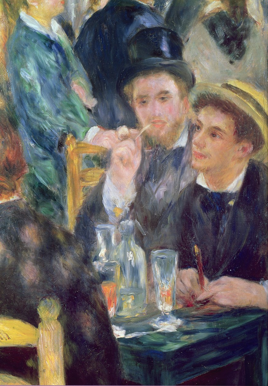 Bal w Moulin de la Galette, detal przedstawiający dwóch siedzących mężczyzn, 1876 olej na płótnie autorstwa Pierre Auguste Renoir