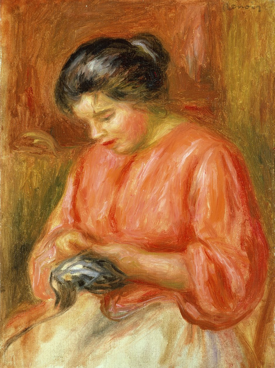 Dziewczyna w czerwieni, robienie na drutach autorstwa Pierre Auguste Renoir