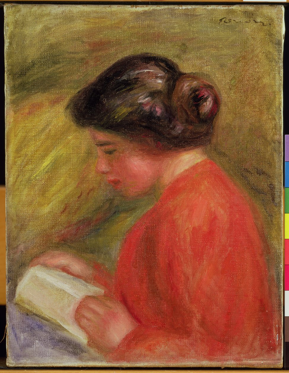 Dziewczyna w czerwonym czytaniu autorstwa Pierre Auguste Renoir