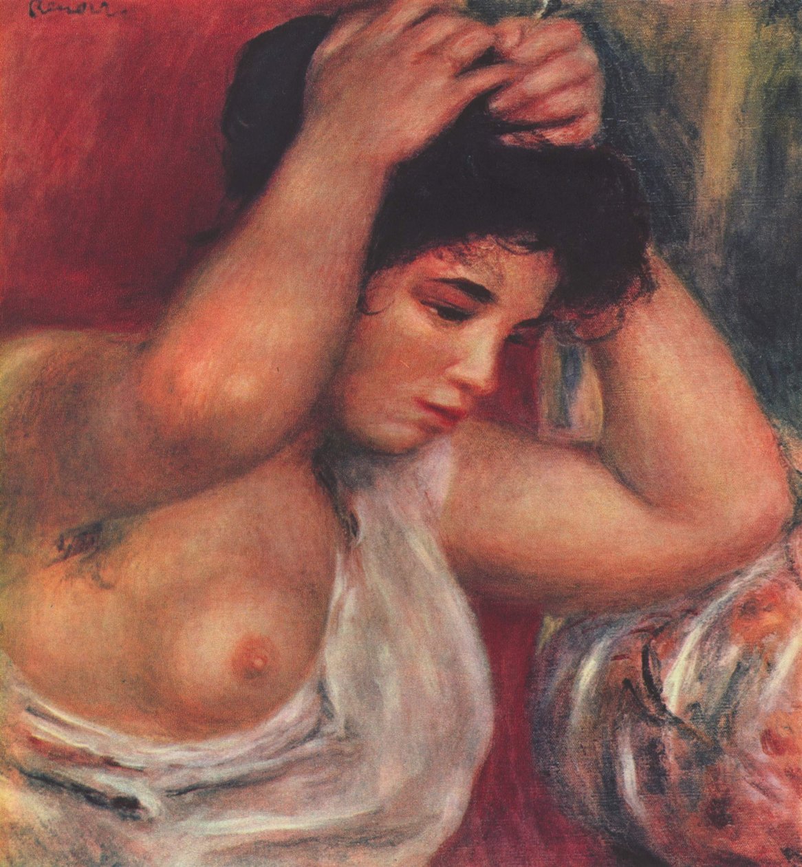 Młoda kobieta robi jej włosy autorstwa Pierre Auguste Renoir