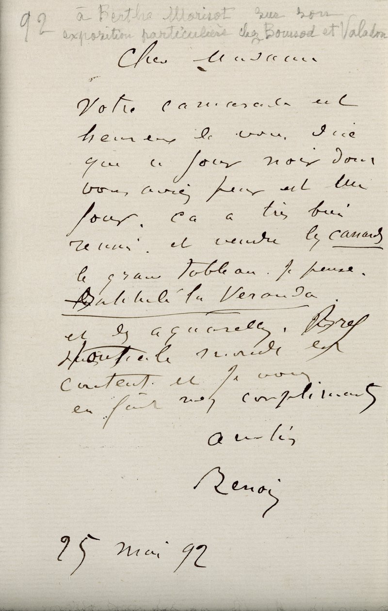 List Renoira do Berthe Morisot (1841-95) dotyczący jej pierwszej wystawy, 25 maja 1892 r. autorstwa Pierre Auguste Renoir