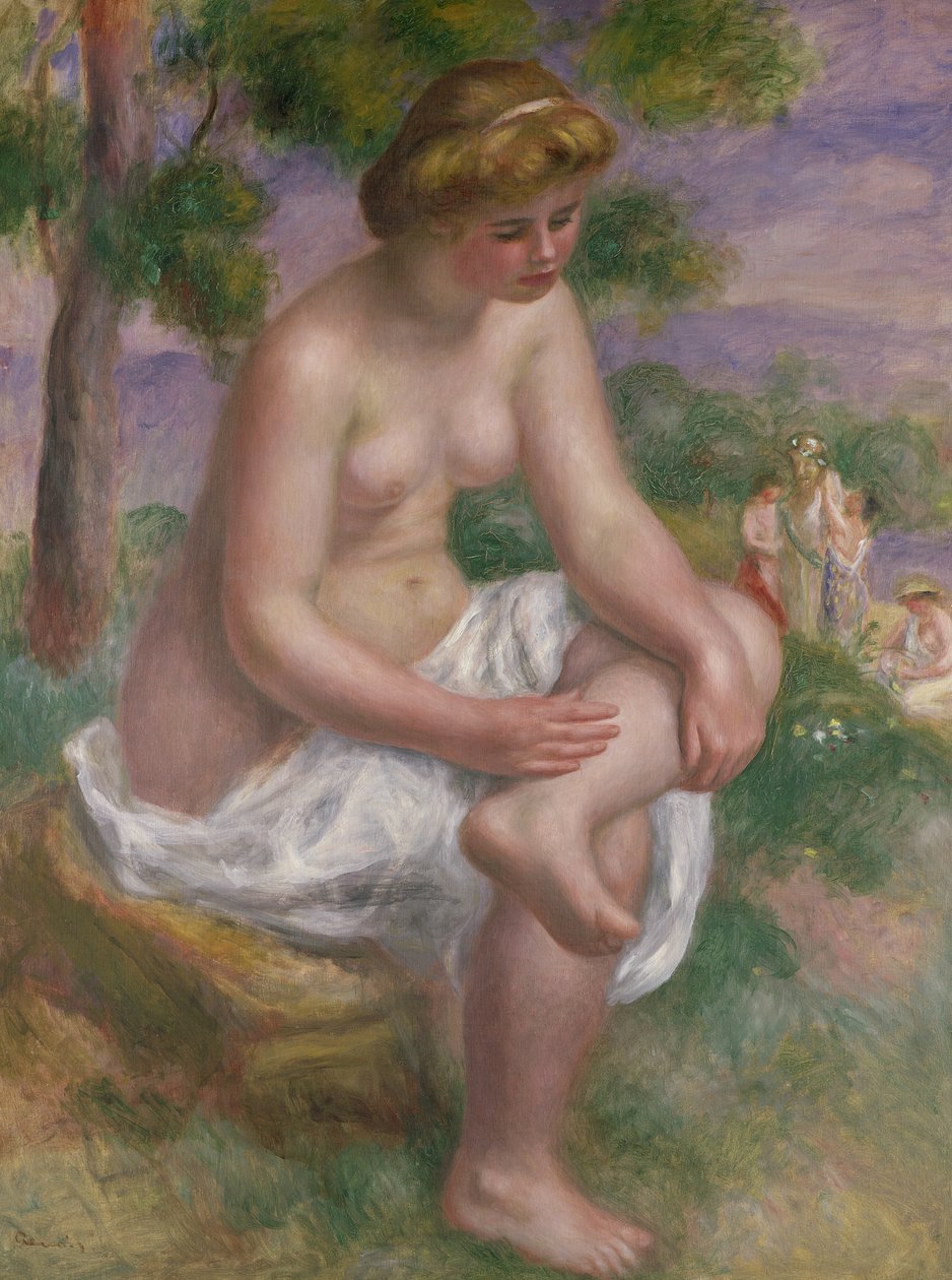 Kąpiący się w pozycji siedzącej w krajobrazie lub Eurydice, 1895-1900 autorstwa Pierre Auguste Renoir