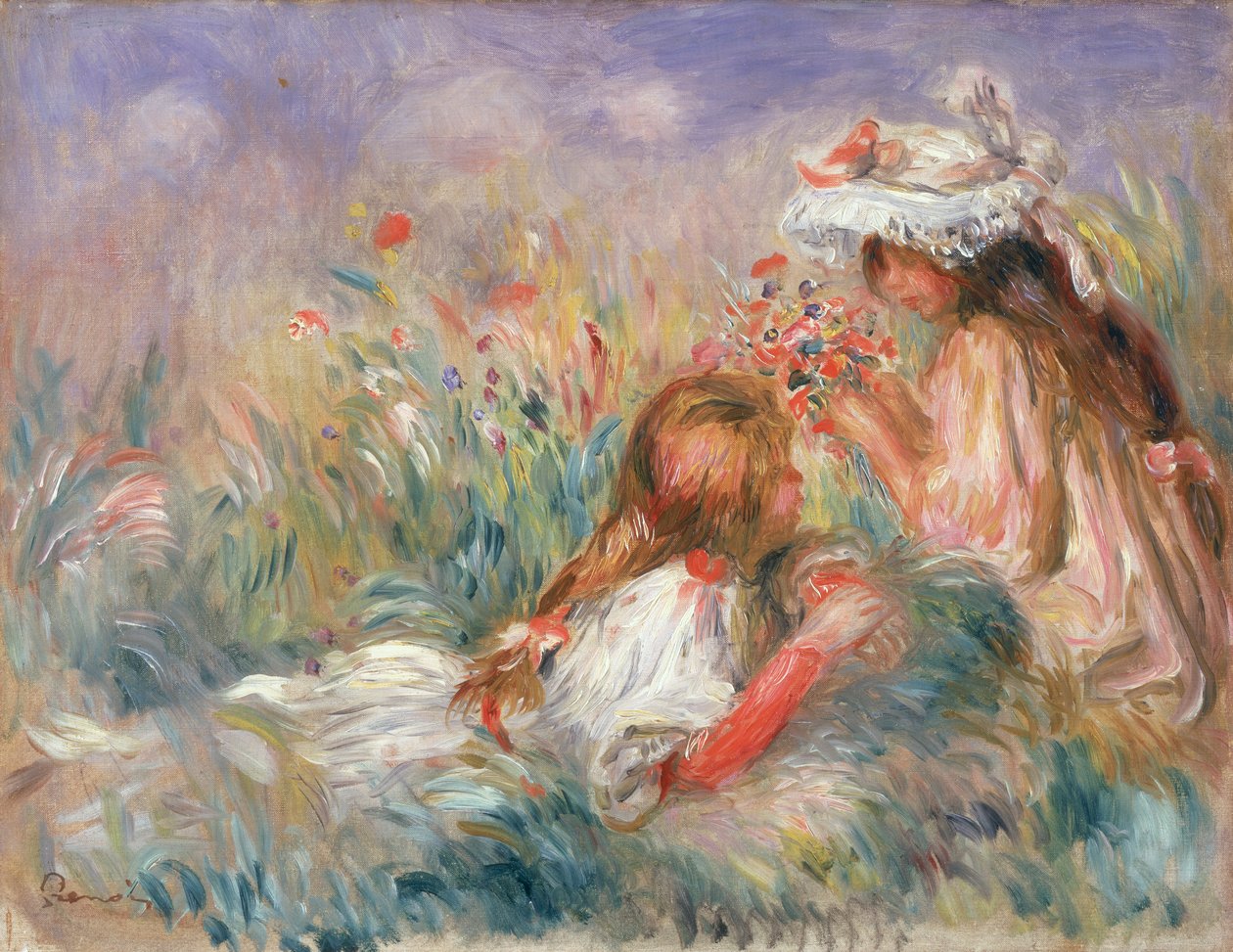 Dwoje dzieci siedzących wśród kwiatów, 1900 autorstwa Pierre Auguste Renoir