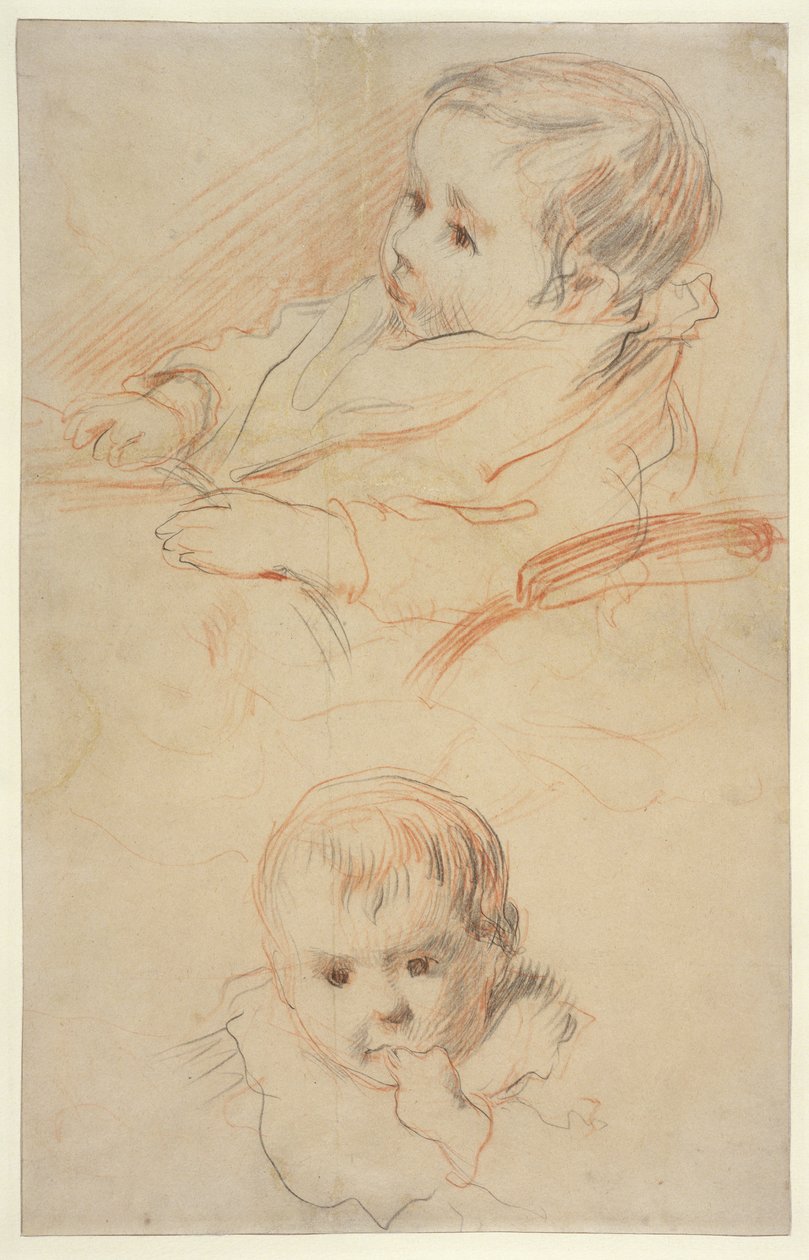 Dwa studia małego dziecka, 1875-80 (czarna i czerwona kreda na pożółkłym papierze) autorstwa Pierre Auguste Renoir