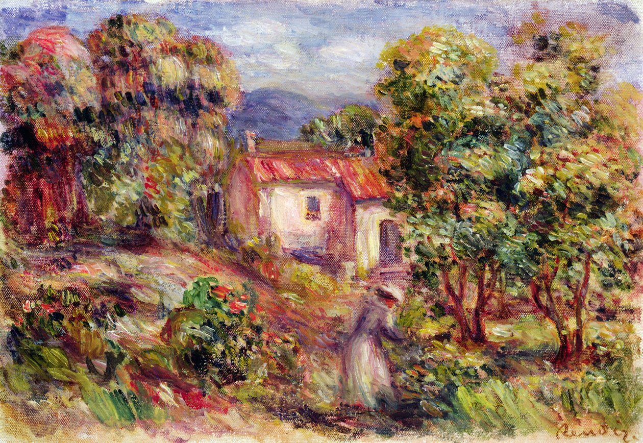 Kobieta zbierająca kwiaty w ogrodzie Les Colettes w Cagnes, 1912 r. autorstwa Pierre Auguste Renoir