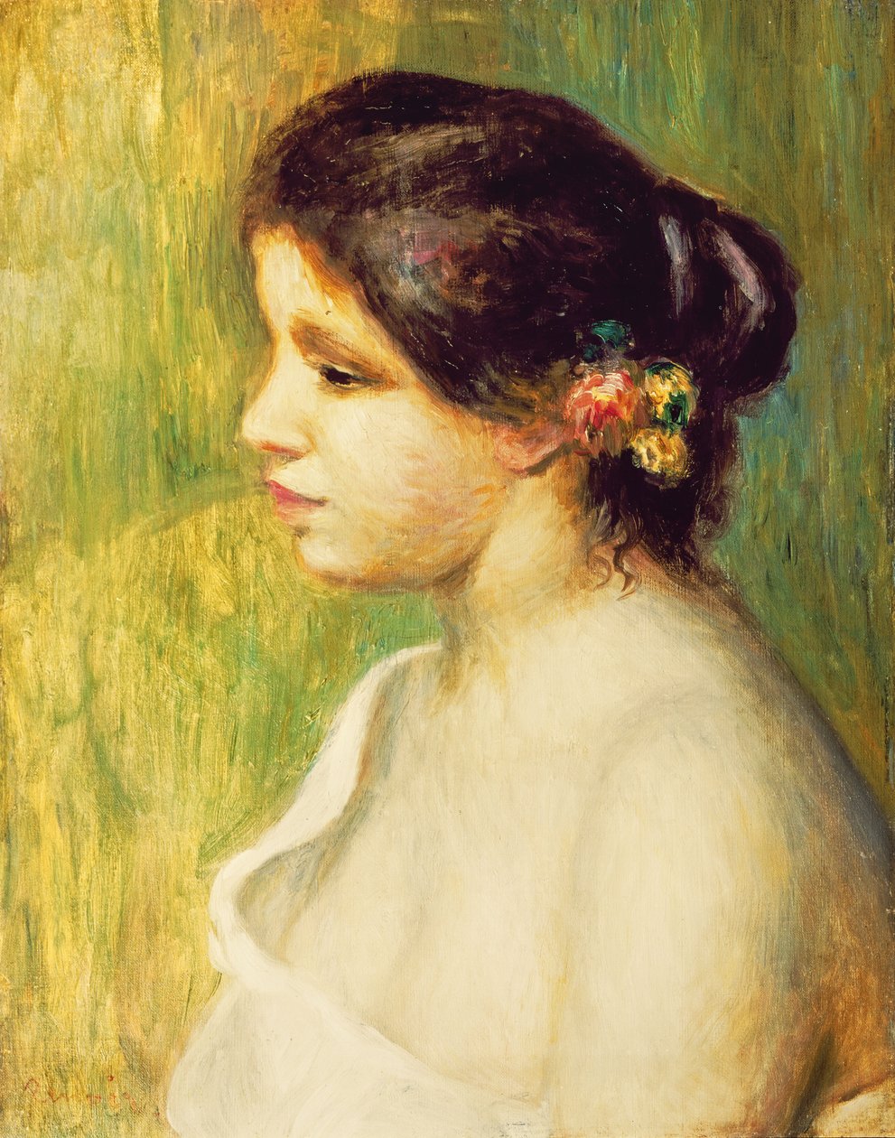Młoda kobieta z kwiatami przy uchu, 1898 autorstwa Pierre Auguste Renoir