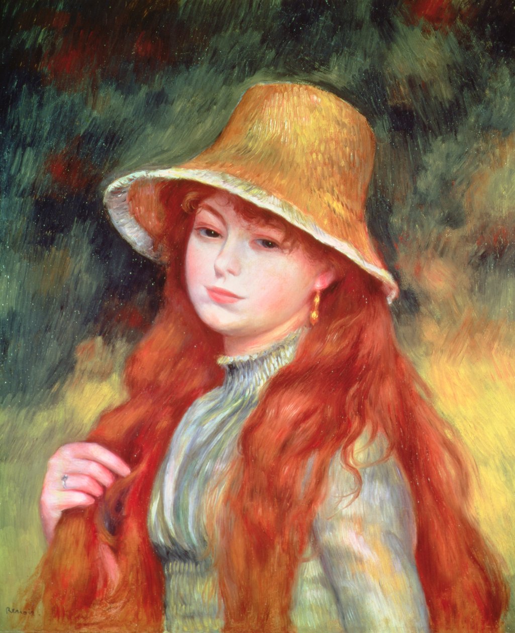 Młoda dziewczyna z długimi włosami lub Młoda dziewczyna w słomkowym kapeluszu, 1884 autorstwa Pierre Auguste Renoir