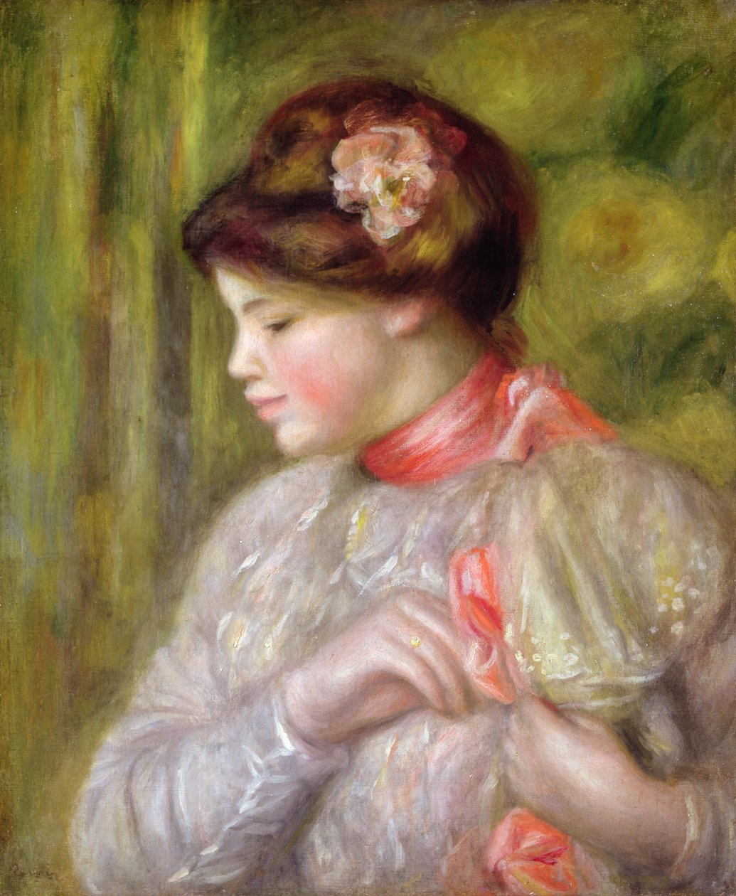 ځوانه ښځه خپل بلوز تنظیموي، 1900poli autorstwa Pierre Auguste Renoir