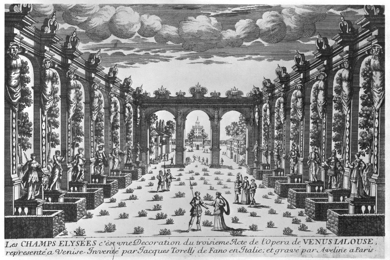 Scenografia Giacomo Torelli (1608-78) do opery „Venere Gelosa” wystawionej w 1643 w Teatro novissimo w Wenecji autorstwa Pierre Alexandre Aveline