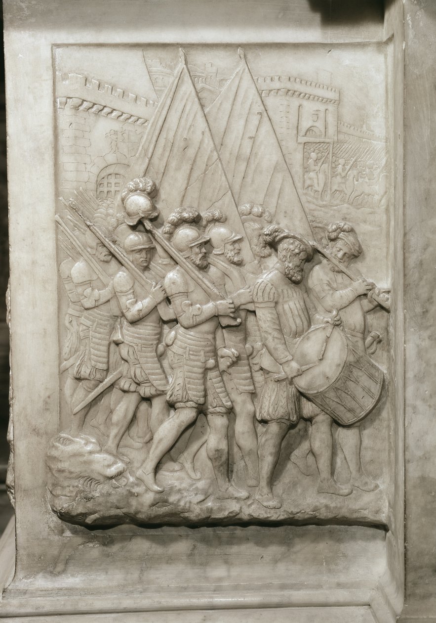 Grób Francois I 1494-1547 i jego żony Claude z Francji, fragment żołnierzy dowodzonych przez dobosza, zamówiony w 1548 marmur autorstwa Pierre Bontemps