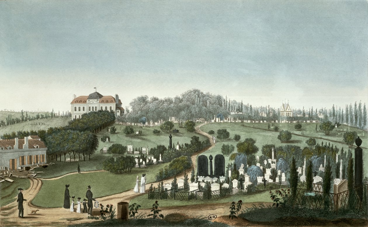 Widok na cmentarz Pere Lachaise od strony wejścia, 1815 (rycina kolorowa) autorstwa Pierre Courvoisier