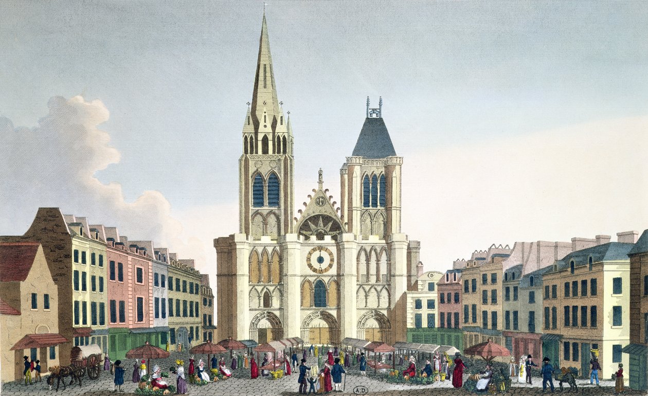 Widok fasady kościoła Saint-Denis pod Paryżem, ok.1820 (kolorowe grawerowanie) autorstwa Pierre Courvoisier