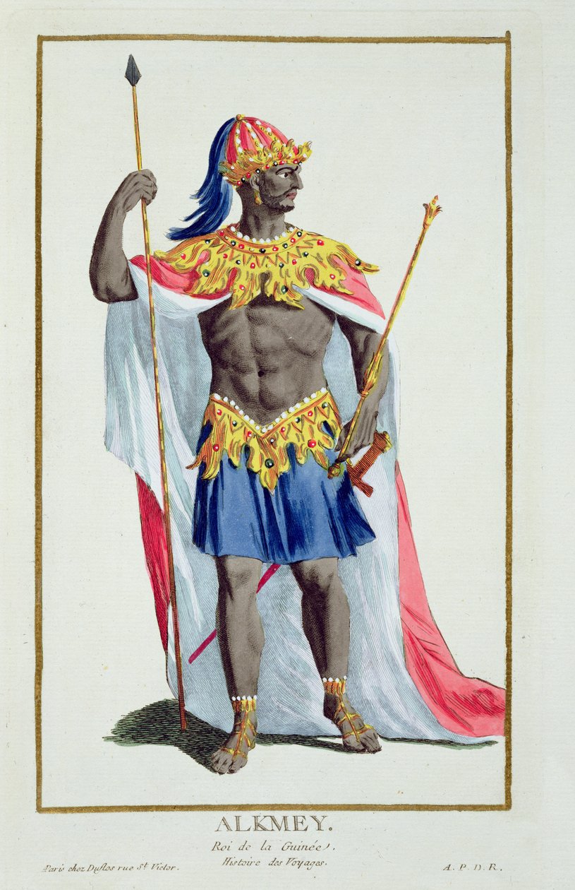 Alkemy, król Gwinei z „Recueil des Estampes, Representant les Rangs et les Dignites, według stroju wszystkich istniejących narodów”, wydanej w 1780 r. (ręcznie kolorowane grawerowanie) autorstwa Pierre Duflos