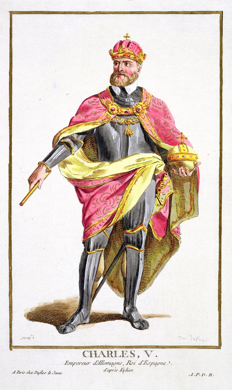 Karol V (1500-58) z "Receuil des Estampes, representant les Rangs et les Dignites, suivant le Costume de toutes les Nations existantes", wyd. 1780 (rycina ręcznie kolorowana) autorstwa Pierre Duflos