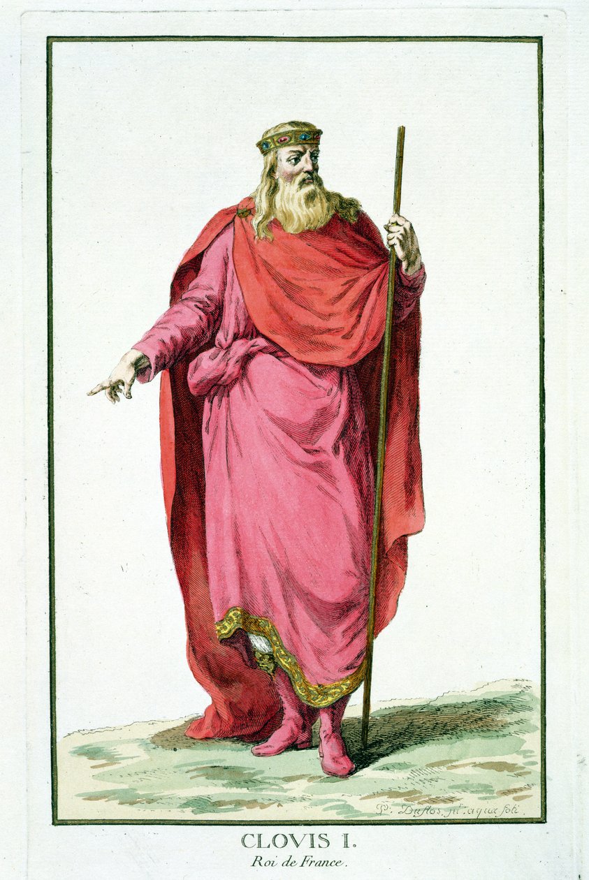 Clovis I (481-511) Król Franków Salijskich z „Receuil des Estampes, Representant des Rangs et des Dignites, według stroju wszystkich istniejących narodów”, wydanej w 1780 r. autorstwa Pierre Duflos