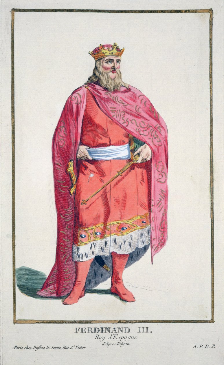 Ferdynand Kastylii i Leona (1217-52) z „Zbioru rycin reprezentujących szeregi i godności według stroju wszystkich istniejących narodów”, wydanej w 1780 r. (rycina ręcznie kolorowana) autorstwa Pierre Duflos