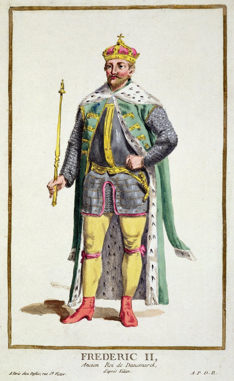 Fryderyk II (1534-88) król Danii z „Receuil des Estampes, reprezentujący szeregi i godności, według stroju wszystkich istniejących narodów”, wydanej w 1780 r. (ręcznie kolorowana grawerunek autorstwa Pierre Duflos