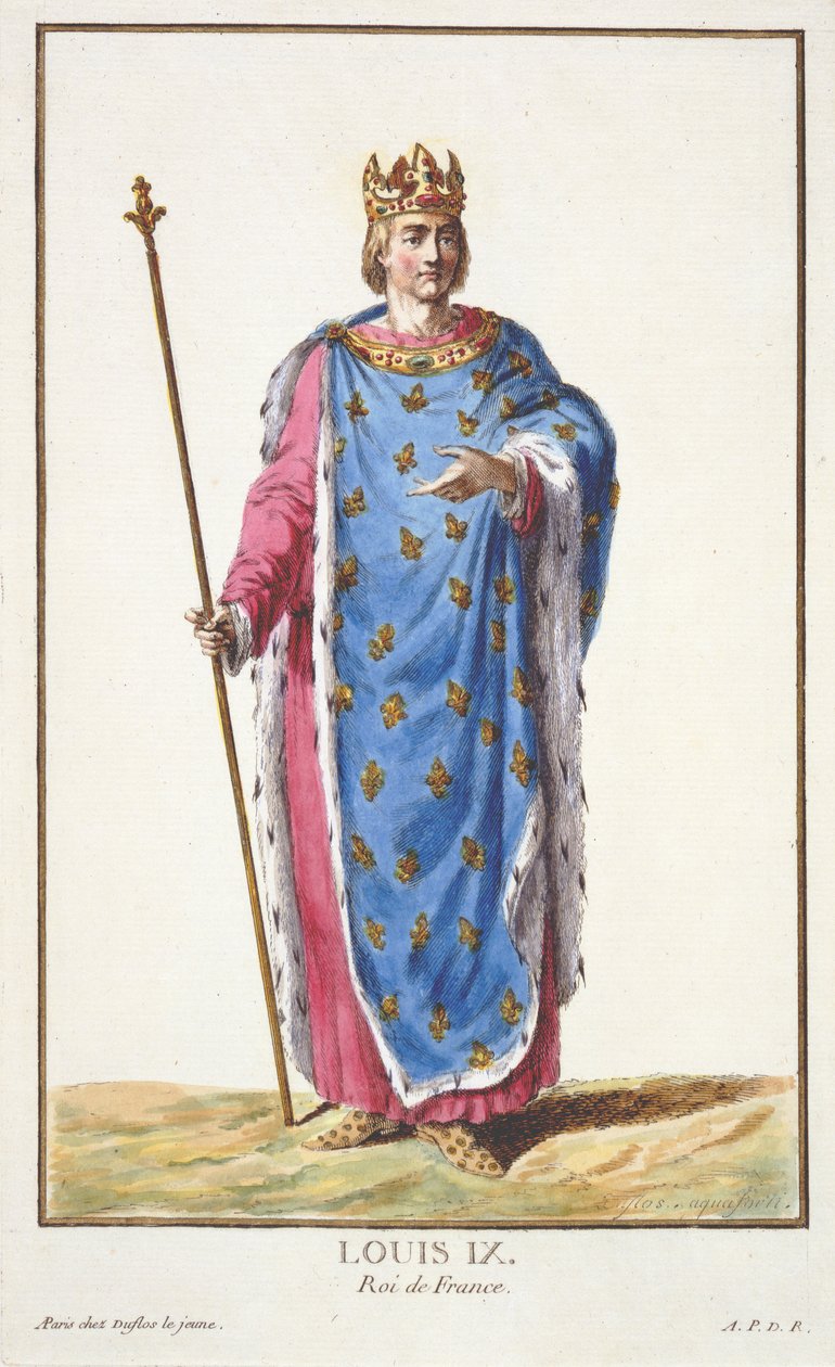 Ludwik IX (1214-70) król Francji z "Receuil des Estampes, representant les Rangs et les Dignites, suivant le Costume de toutes les Nations existantes", wyd. 1780 (rycina ręcznie kolorowana) autorstwa Pierre Duflos