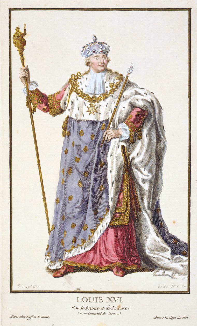Ludwik XVI (1754-93) król Francji (1774-92) z „Receuil des Estampes, reprezentant les Rangs et des Dignites, według stroju wszystkich istniejących narodów”, wydanej w 1780 r. autorstwa Pierre Duflos