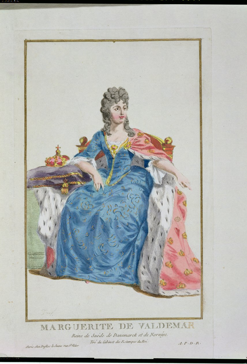 Małgorzata (1353-1412) królowa Danii, Norwegii i Szwecji, z „Receuil des Estampes, reprezentująca szeregi i godności, według stroju wszystkich istniejących narodów”, wydana w 1780 r. (ręka autorstwa Pierre Duflos