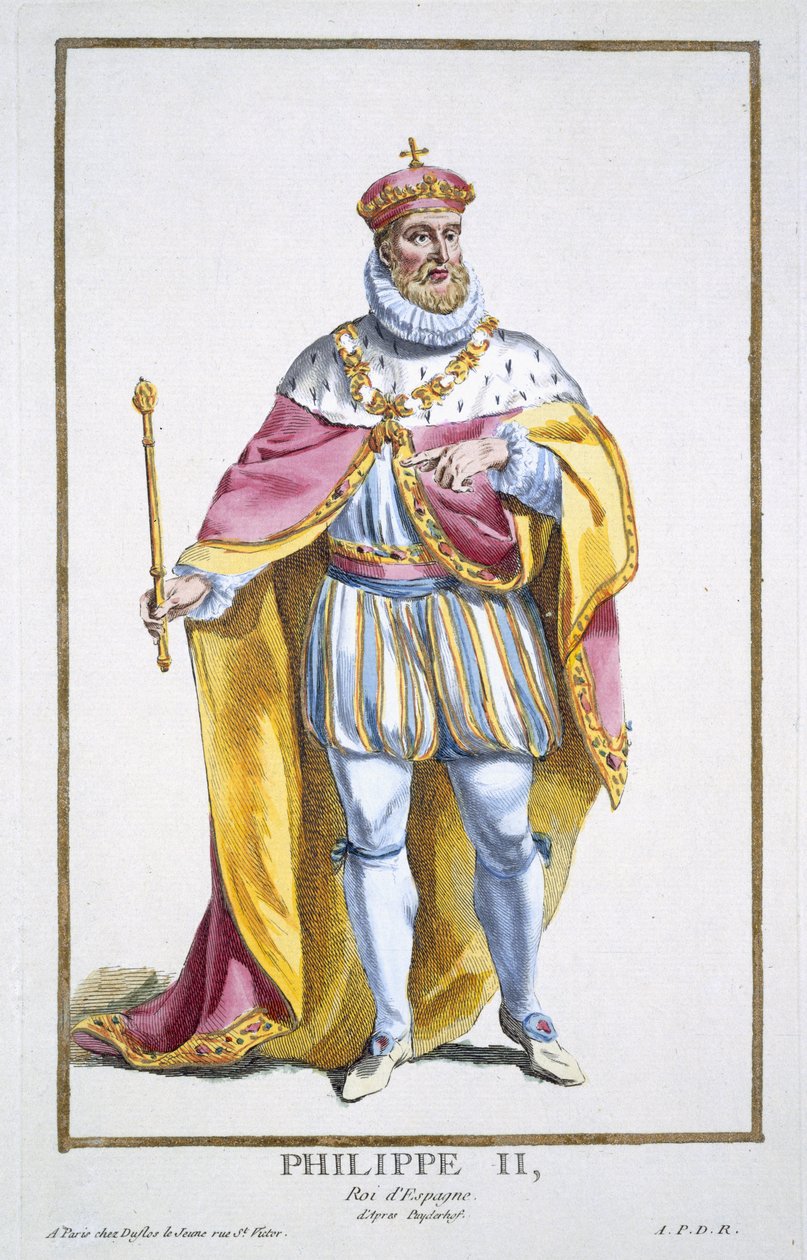 Filip II (1527-98) król Hiszpanii z „Receuil des Estampes, reprezentujący szeregi i dostojników, według stroju wszystkich istniejących narodów”, wydanej w 1780 r. (rycina ręcznie kolorowana) autorstwa Pierre Duflos
