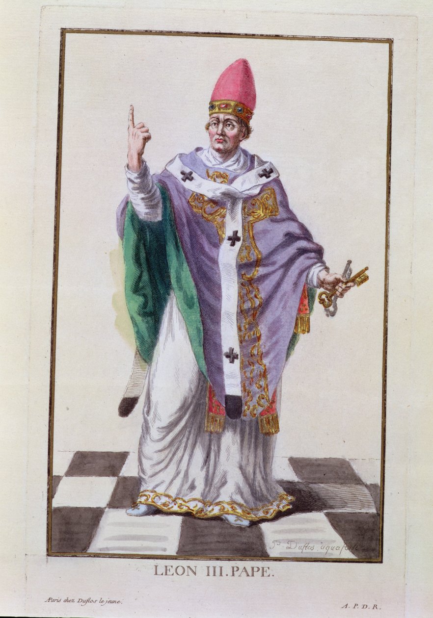 Papież Leon III (795-816) z „Receuil des Estampes, reprezentujący szeregi i godności, według stroju wszystkich istniejących narodów”, wydanej w 1780 r. (rycina ręcznie kolorowana) autorstwa Pierre Duflos