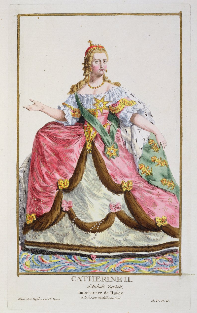Portret cesarzowej Katarzyny II "Wielkiej" Rosji (1729-96), z kolekcji tabliczek przedstawiających różne Stroje Świata, 1780 (ręcznie kolorowana miedzioryt ze złoceniem) autorstwa Pierre Duflos