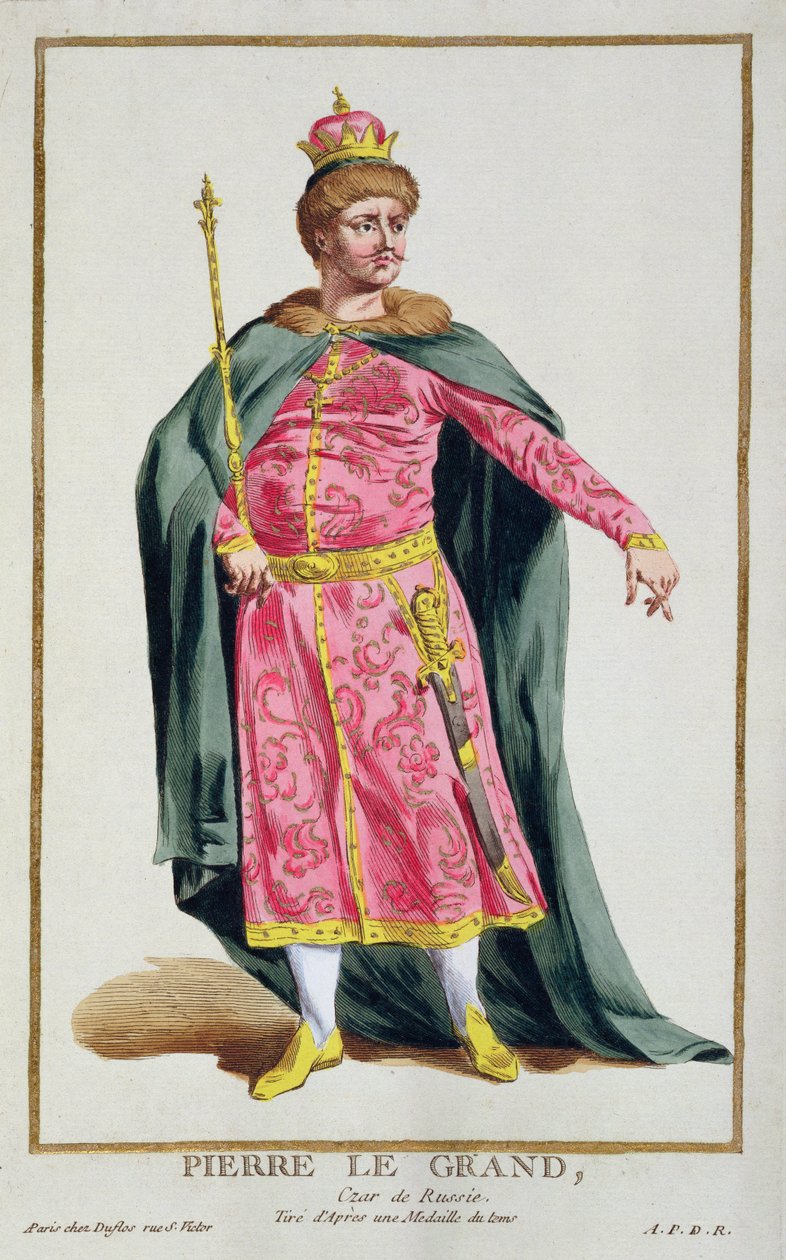 Portret Piotra I Wielkiego, cara Rosji (1672-1725), z kolekcji płyt przedstawiających różne Stroje Świata, 1780 (ręcznie kolorowana miedzioryt ze złoceniem) autorstwa Pierre Duflos