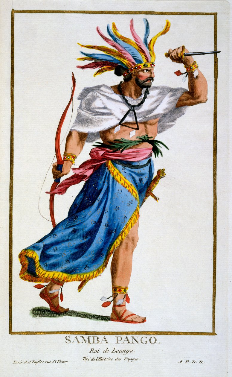 Samba Pango, władca Luango, z "Recueil des Estampes, Representant les Rangs et les Dignités, suivant le Costume de toutes les Nations Existantes", opublikowanego w 1780 r. (rycina ręcznie kolorowana) autorstwa Pierre Duflos