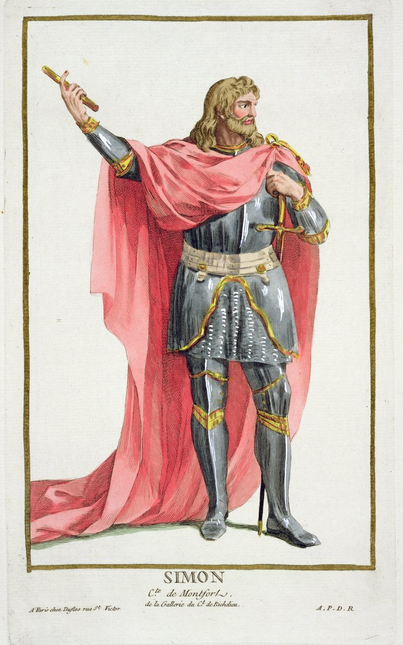 Simon de Montfort (ok. 1165-1218) z "Receuil des Estampes, representing les Rangs et les Dignites, suivant le Costume de toutes les Nations existantes", wyd. 1780 (rycina ręcznie kolorowana) autorstwa Pierre Duflos