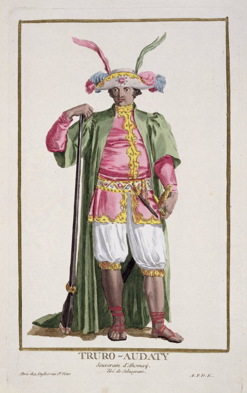 Truro-Audacity, król Dahomeju z „Recueil des Estampes, Representant les Rangs et les Dignites, według stroju wszystkich istniejących narodów”, wydana w 1780 r. (ręcznie kolorowana grawerunek) autorstwa Pierre Duflos
