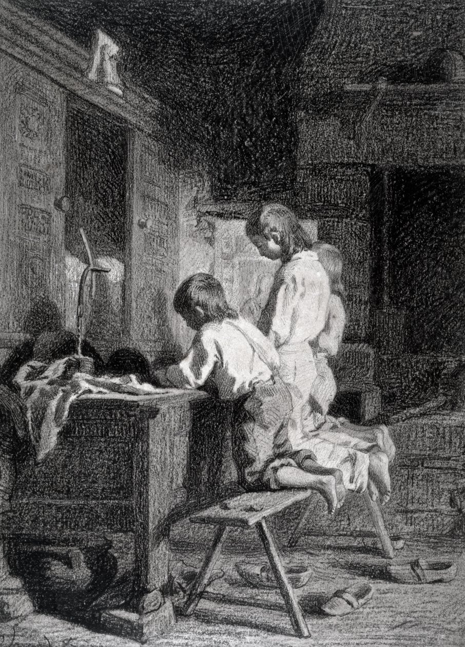 Wnętrze z trzema klęczącymi chłopcami (czarna kredka na brązowym tuszu na papierze) autorstwa Pierre Edouard Frere