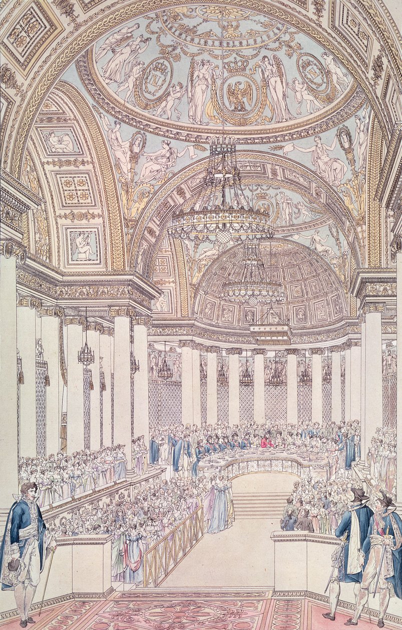 Bankiet cesarski w Wielkim Salonie Pałacu Tuileries z okazji zaślubin Napoleona I (1769-1821) i Marie-Louise (1791-1847) Austrii, 2 kwietnia 1810 r., rycina Charles Norma autorstwa Pierre Francois Leonard Fontaine