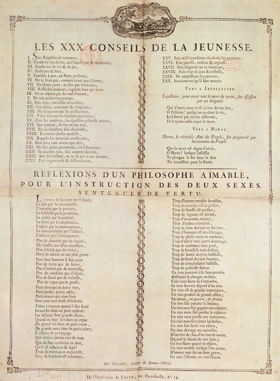 Trzydzieści rad dla młodzieży: Refleksje filozofa dla pouczenia obojga płci, 1794 (druk) autorstwa Pierre Francois Palloy