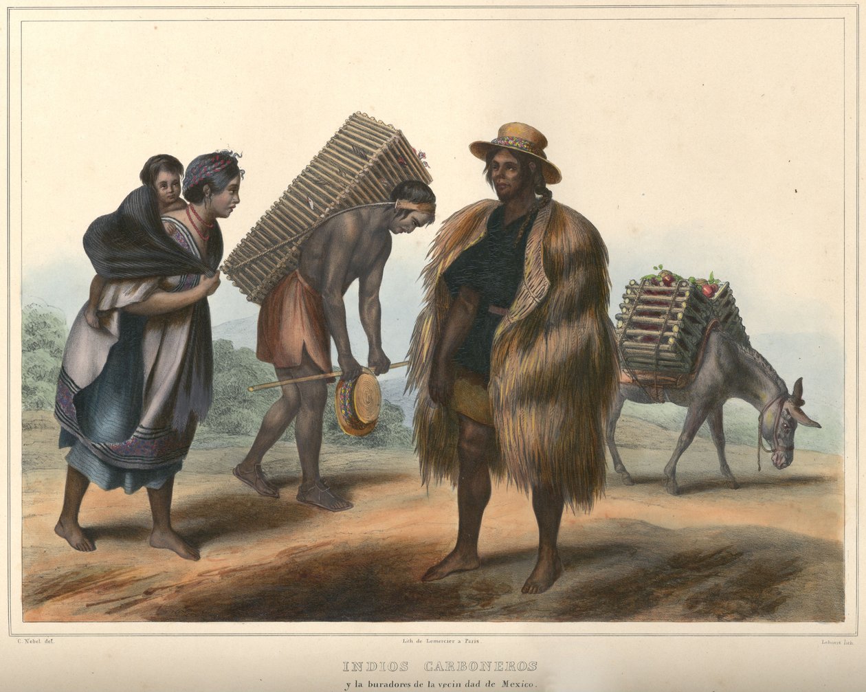 Indios Carboneros, grupa kostiumowa. Litografia ręcznie kolorowana podkreślona gumą arabską. Rozmiar oryginału (ładne linie) autorstwa Pierre Frédéric Lehnert