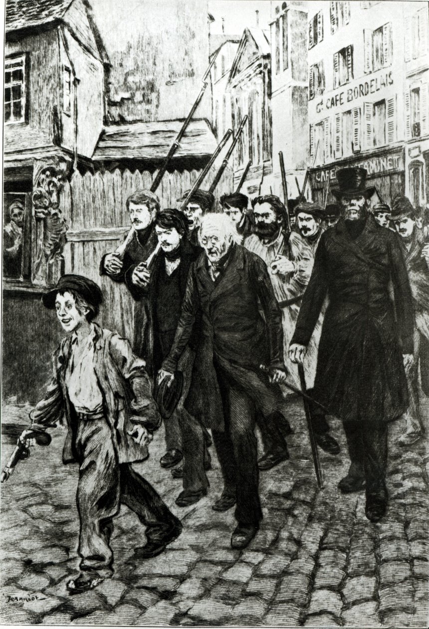 Gavroche prowadzący demonstrację, ilustracja z „Les Miserables” Victora Hugo autorstwa Pierre Georges Jeanniot