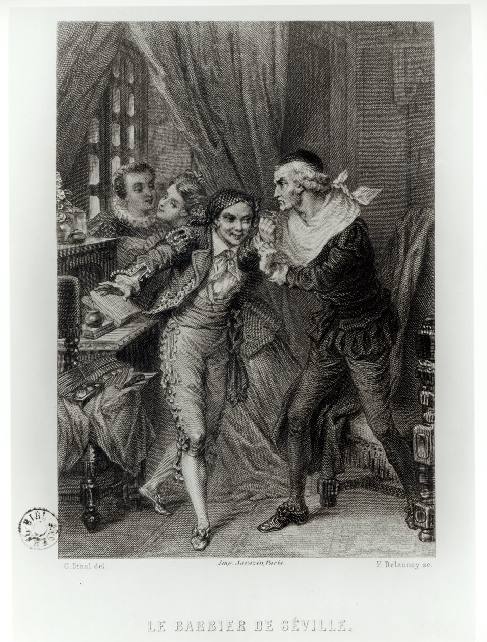 Figaro, ilustracja z aktu III scena 12 „Cyrulika sewilskiego” Pierre Augustin Caron de Beaumarchais (1732-99) sztychowana przez Ferdinanda Delanoya (fl.1850) 1874 autorstwa Pierre Gustave Eugene Staal