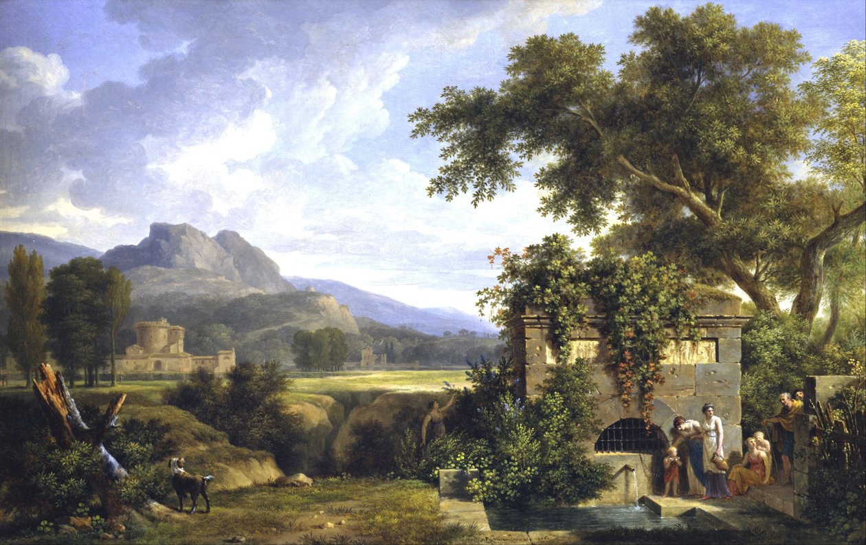 Klasyczny krajobraz z postaciami pijącymi przy fontannie autorstwa Pierre Henri de Valenciennes