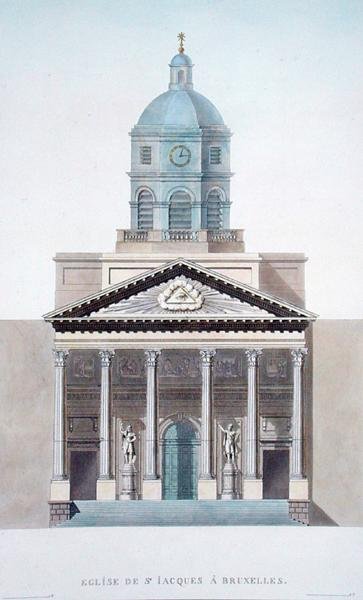 Kościół św. Jacquesa, Bruksela, z Choice of the Most Outstanding Monuments, Buildings and Houses of the Kingdom of the Netherlands autorstwa Pierre Jacques Goetghebuer, opublikowany w 1827 (akwatinta) (patrz także 186059) autorstwa Pierre Jacques Goetghebuer