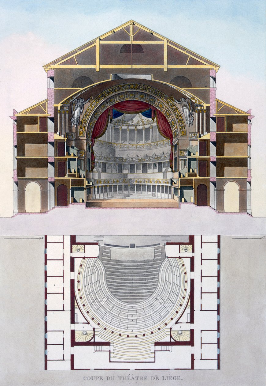 Przekrój teatru Liege, Belgia, z „Wybór najbardziej znaczących zabytków, budynków i domów Królestwa Niderlandów”, opublikowany w 1827 r. autorstwa Pierre Jacques Goetghebuer